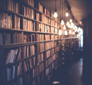 Library shelves lit by hanging bulbs; image by Janko Ferlič - @specialdaddy, via Unsplash.com.