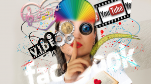Collage of a woman&rsquo;s face, a camera lens, and various social media symbols; image by Geralt, via Pixabay.com.