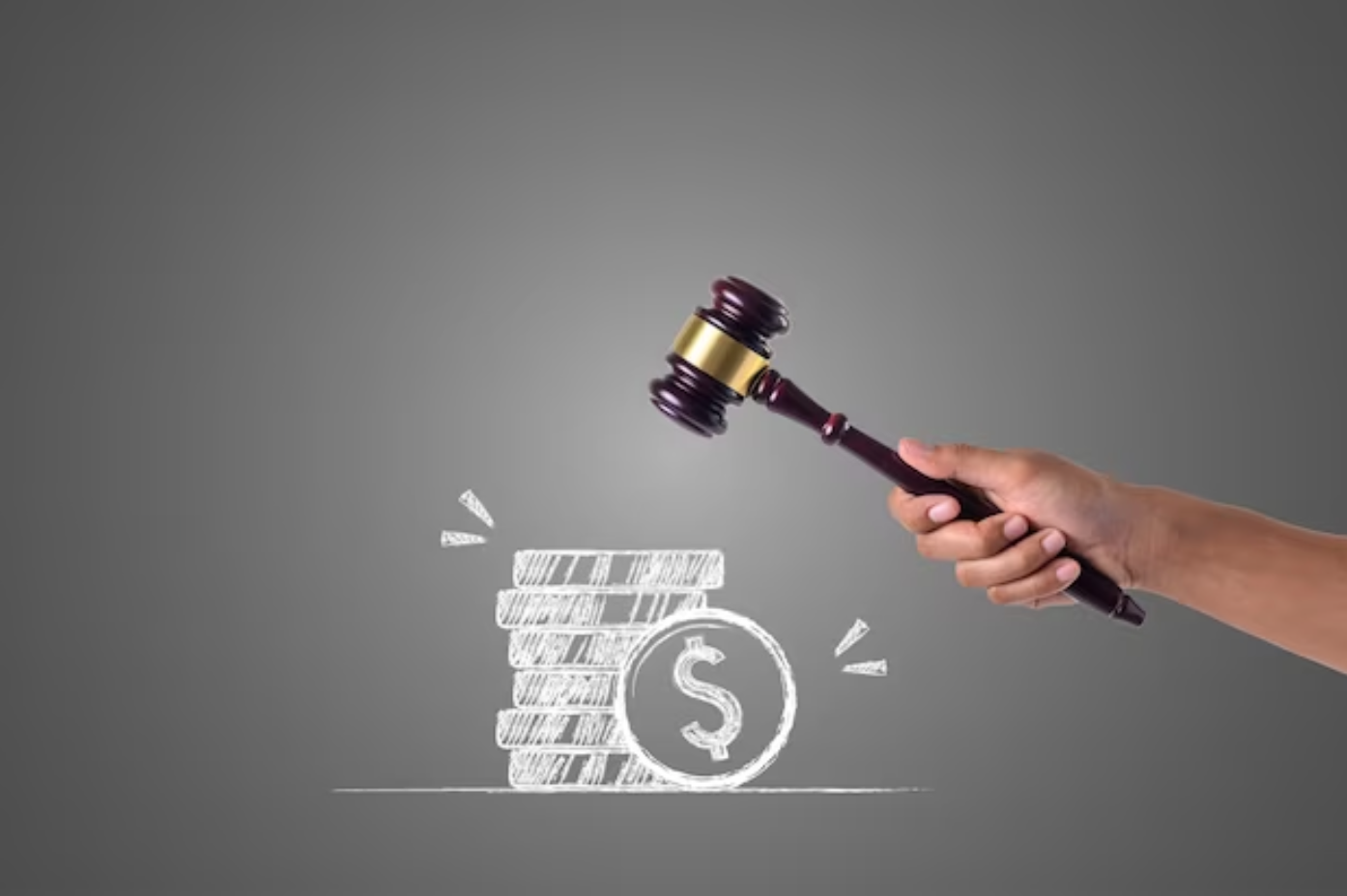 Hand holding a gavel, bringing it down on a pile of money drawn in chalk; image by jcomp, via Freepik.com.